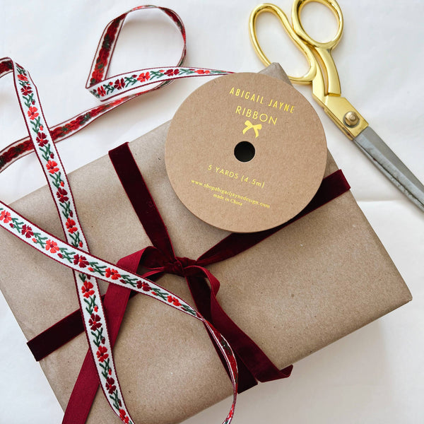 Red Vine Floral Woven Ribbon